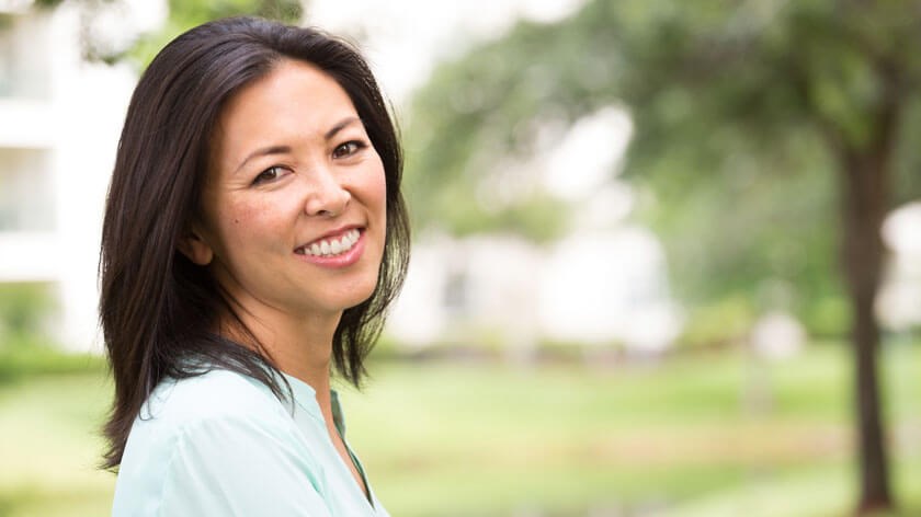 woman in blue shirt